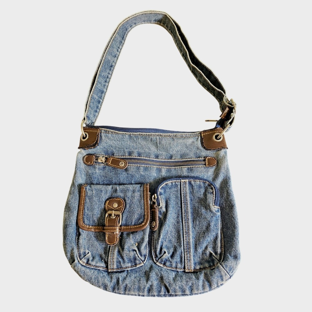 Vintage Denim Shoulder Bag Women Medium Blue Y2K Faux Leather Trim MultiPocket